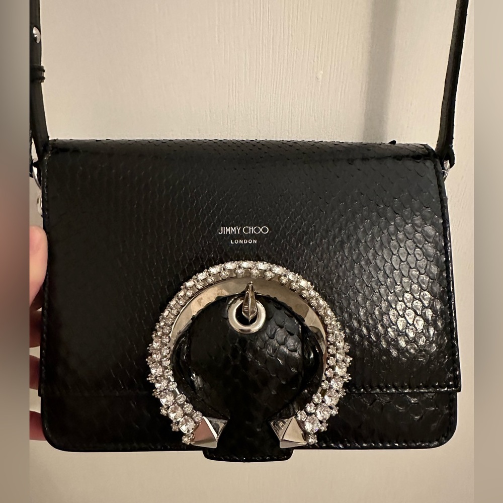 jimmy choo women’s bag - python snakeskin crossbody black with crystal belt